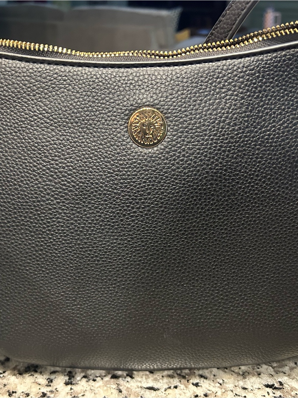 Anne Klein Black Logo-Lined Handbag with Gold Zipper